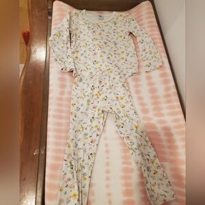 Petit Bateau Girls White Floral Pajama Set with Pink and Yellow Flowers